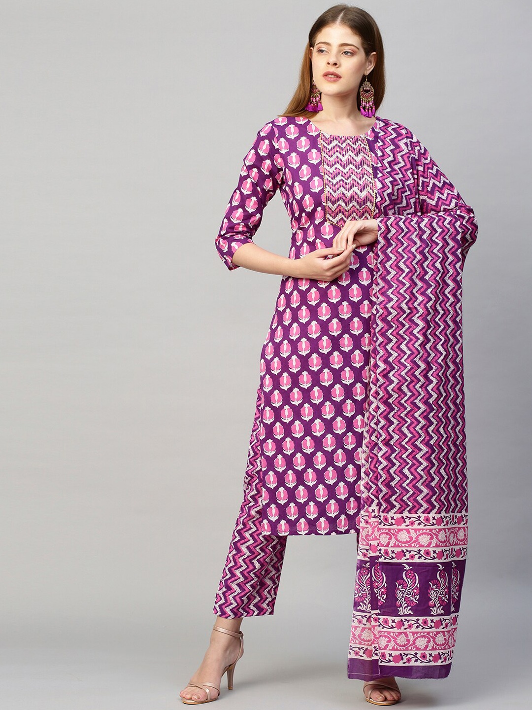 

FASHOR Women Purple Printed Pleated Pure Cotton Kurti with Palazzos