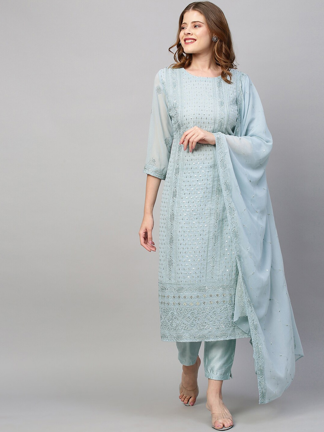 

FASHOR Blue Sequinned Straight Kurta with Trousers