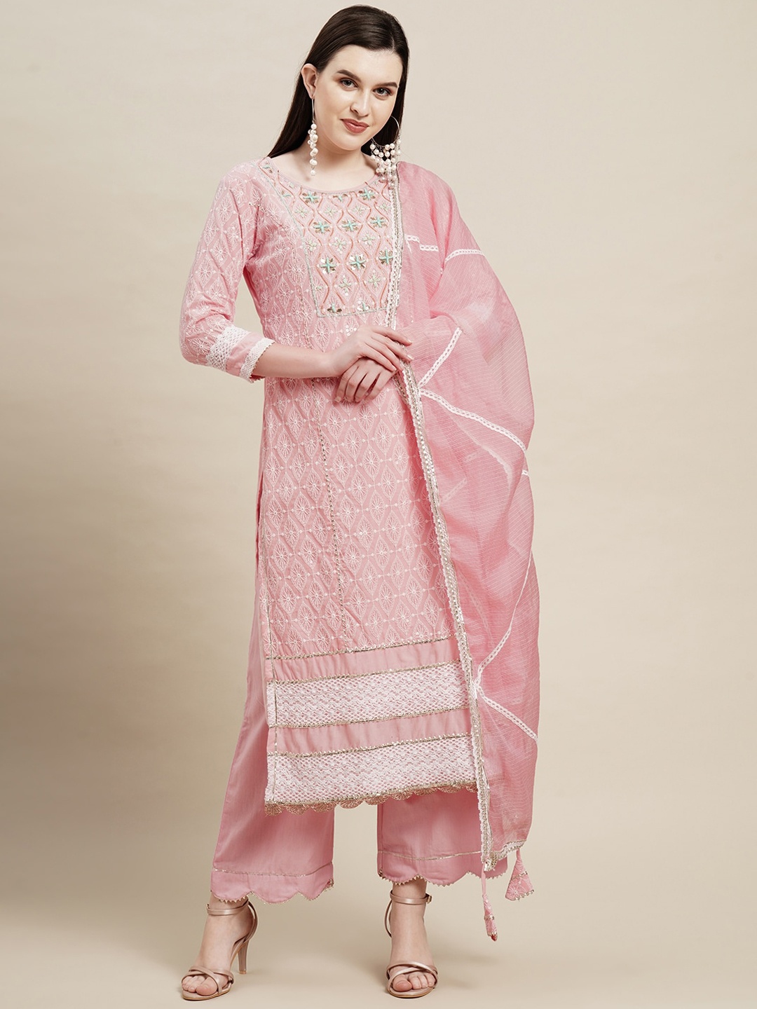 

FASHOR Women Pink Embroidered Chikankari Pure Cotton Kurta with Trousers & With Dupatta