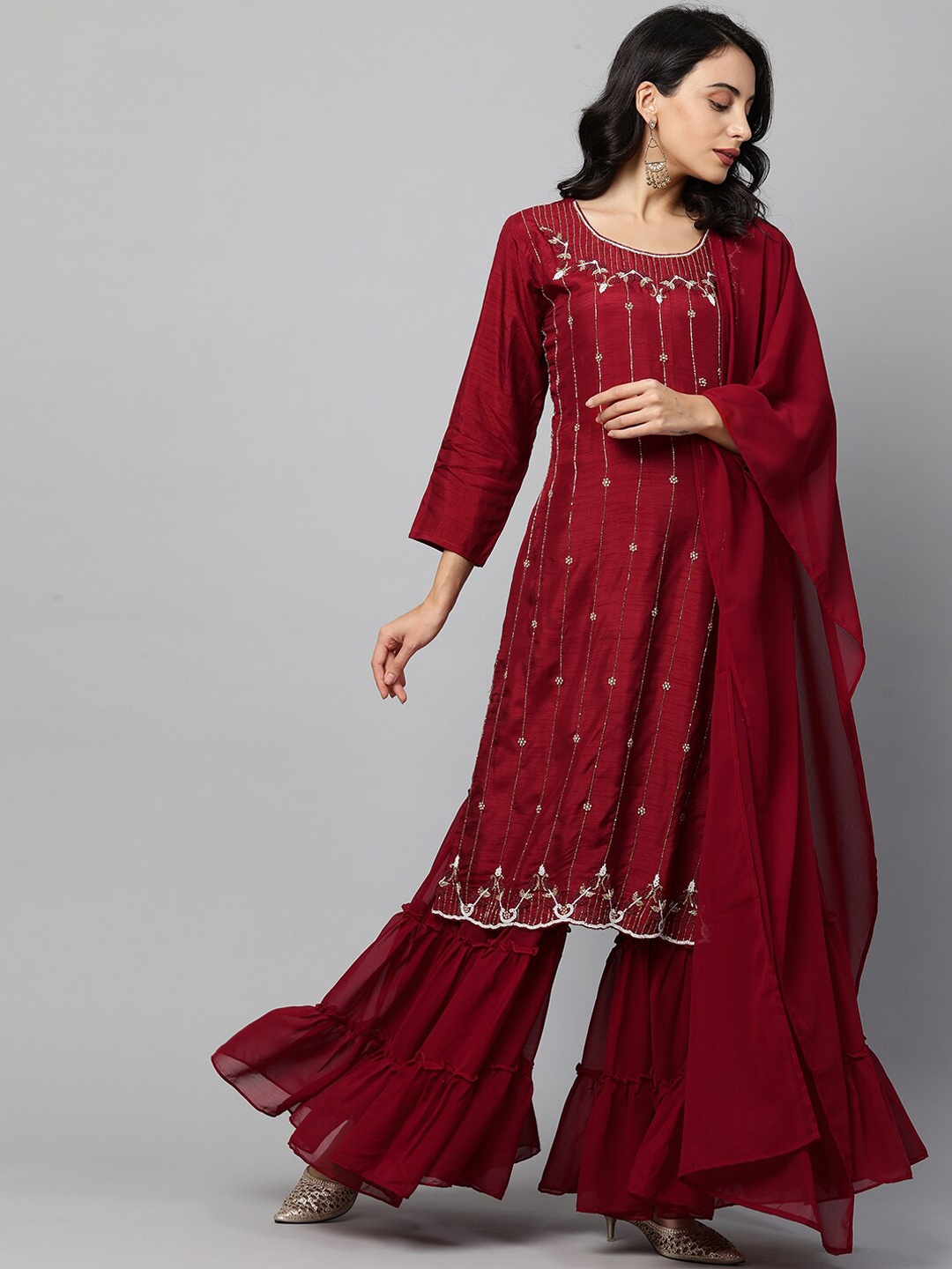 

FASHOR Women Red Hand Embroidered Straight Fit Kurta with Sharara & Dupatta