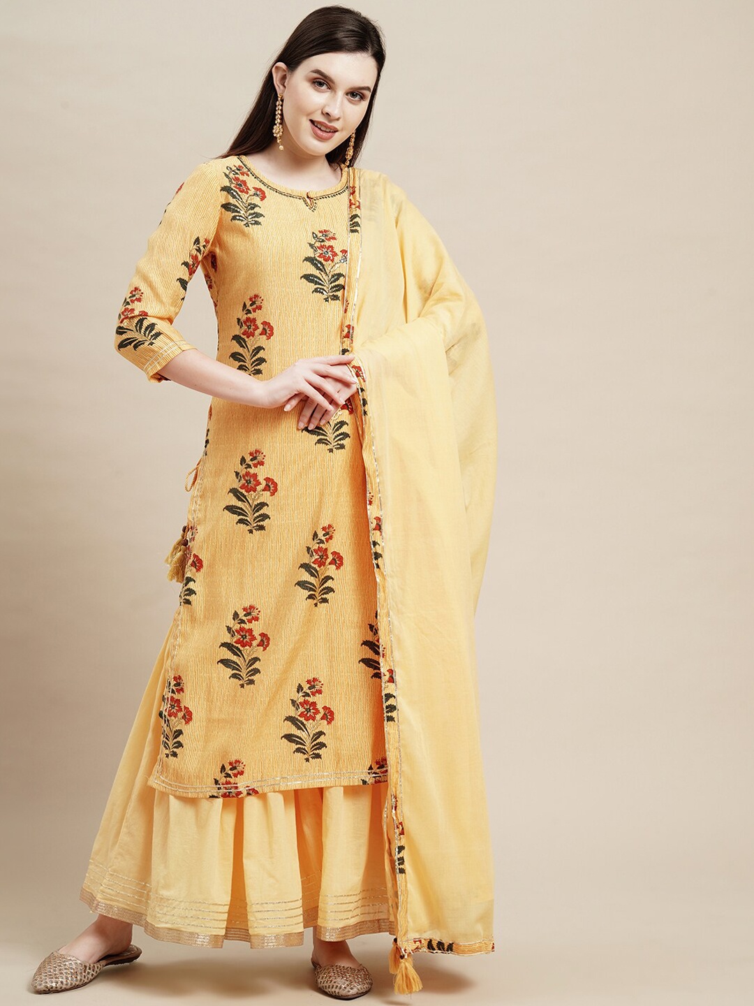 

FASHOR Women Yellow Floral Printed Gotta Patti Kurta with Sharara & With Dupatta