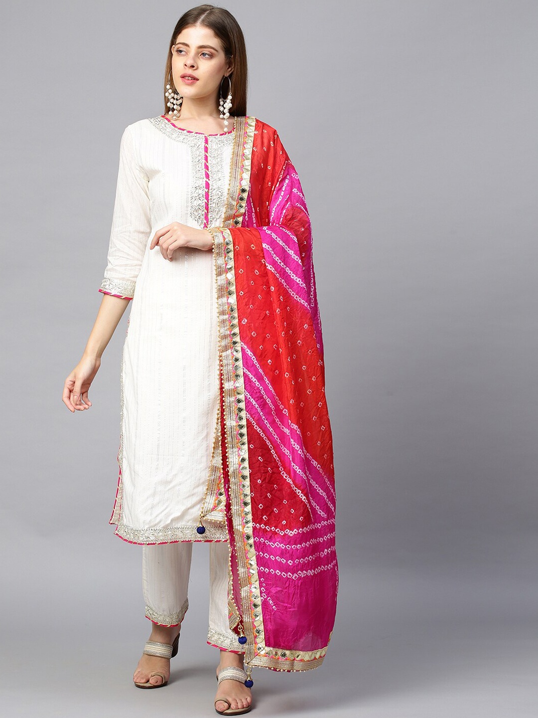 

FASHOR Women White Ethnic Motifs Gotta Patti Pure Cotton Kurta with Trouser & With Dupatta