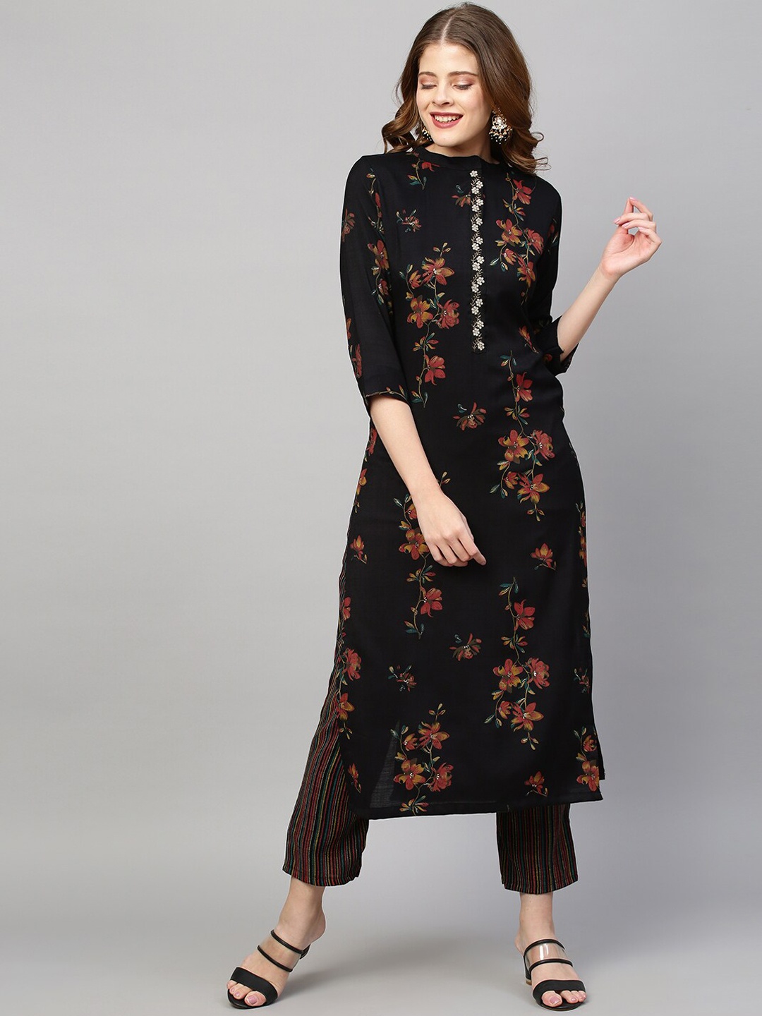 

FASHOR Women Black Printed Pure cotton Kurta with Trousers