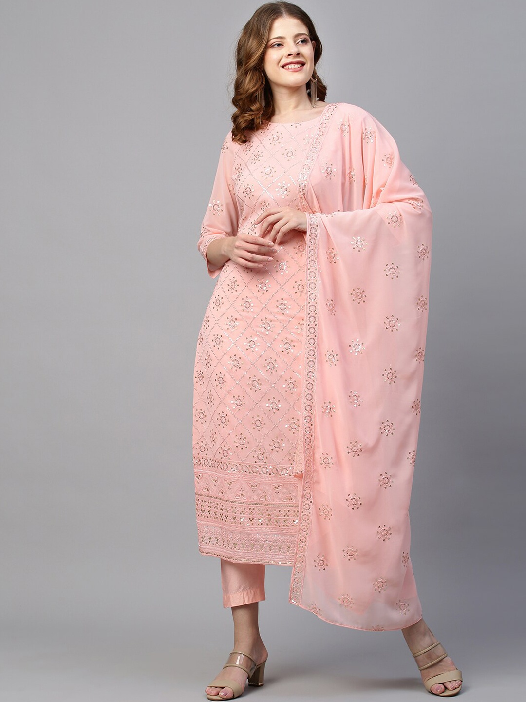 

FASHOR Women Pink Sequinned Kurta with Pant & Dupatta