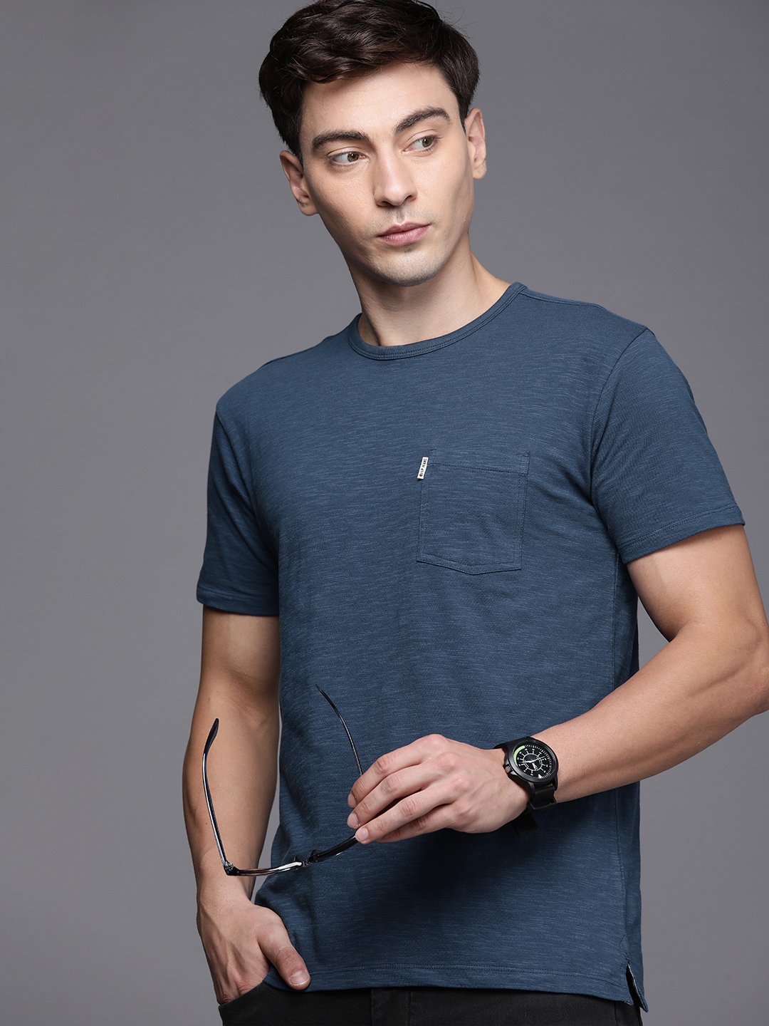 

Louis Philippe Jeans Men Navy Blue Slim Fit Pure Cotton T-shirt