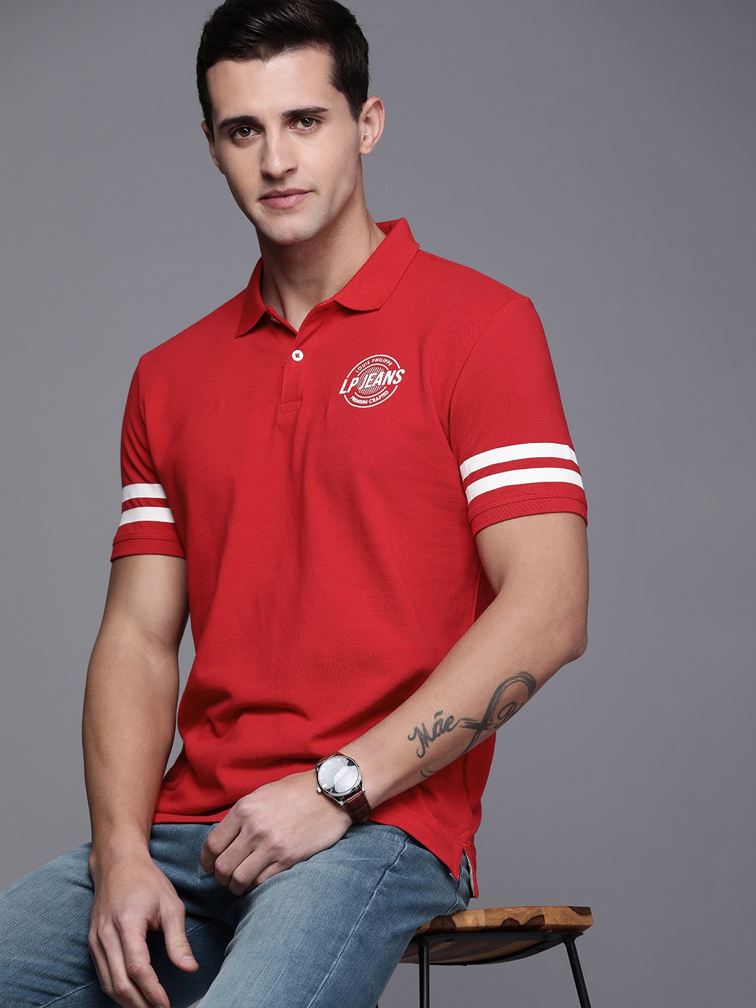 

Louis Philippe Jeans Men Red Printed Polo Collar Slim Fit Pure Cotton Casual T-shirt