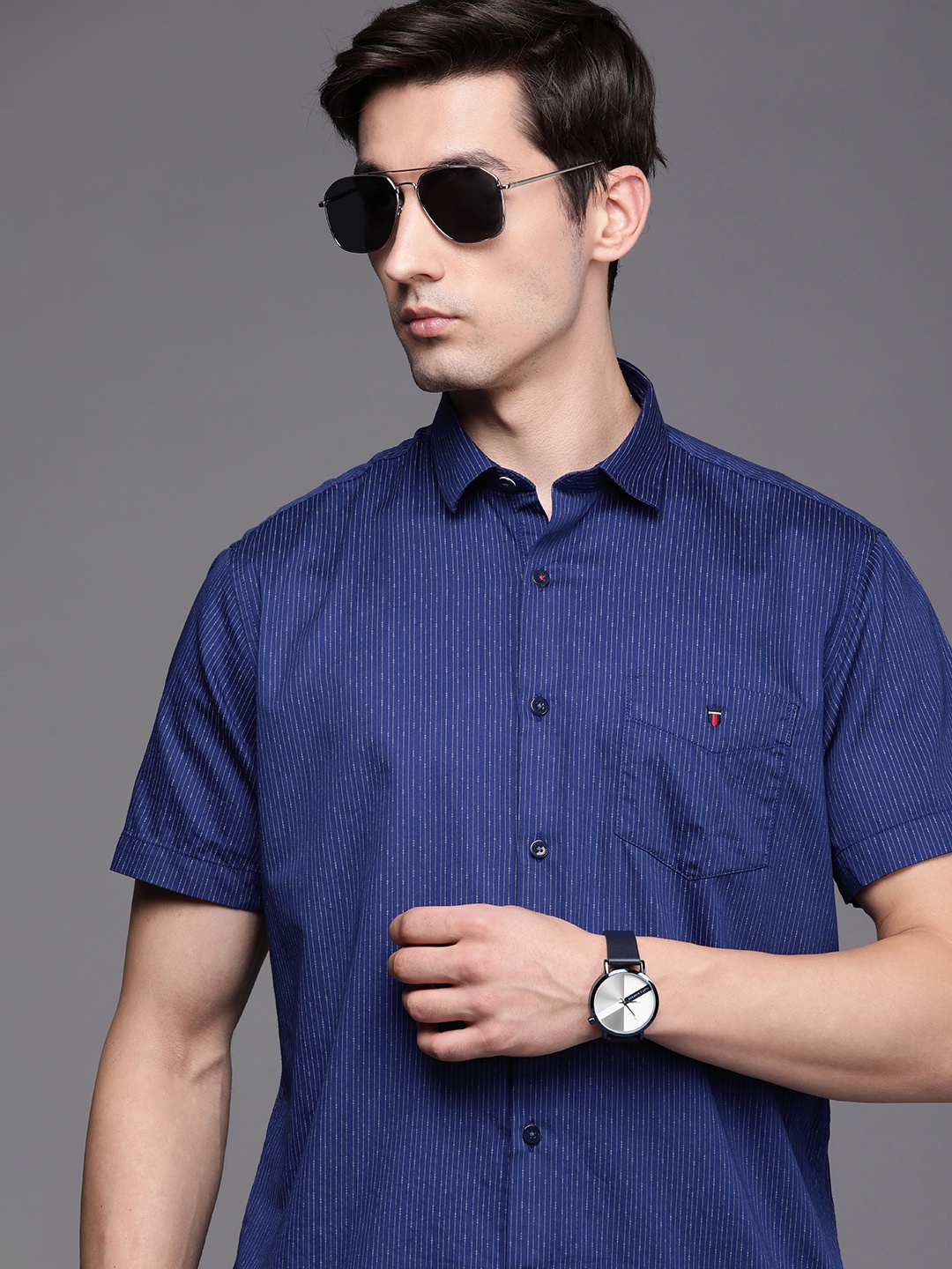 

Louis Philippe Sport Men Navy Blue Slim Fit Pinstriped Pure Cotton Casual Shirt