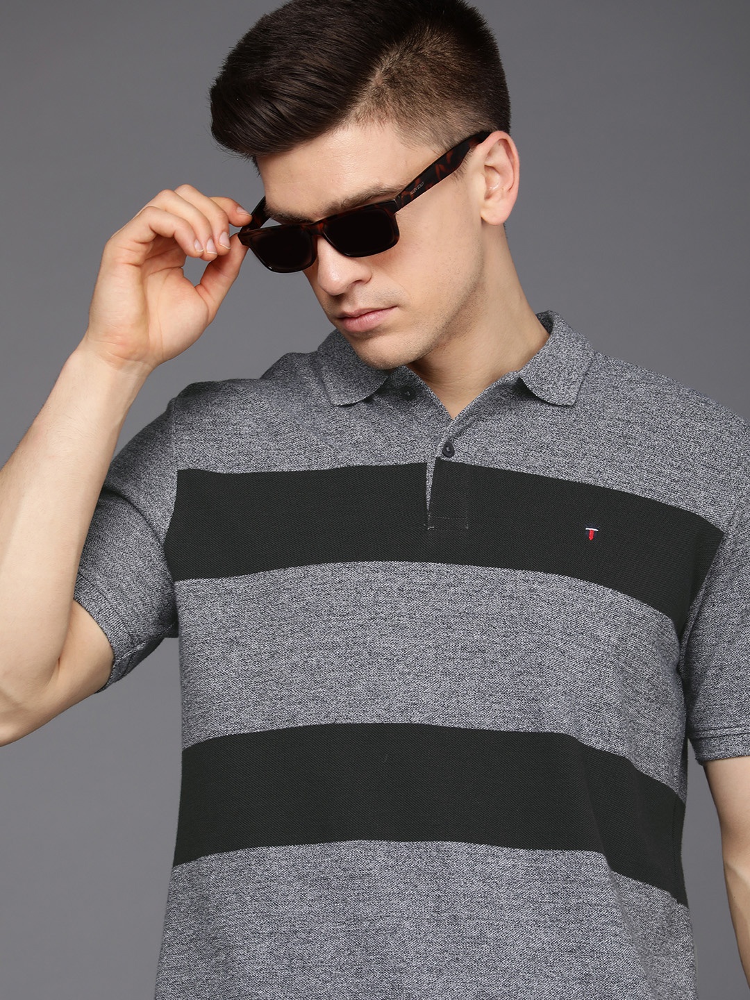 

Louis Philippe Sport Men Black Striped Polo Collar Pure Cotton Slim Fit T-shirt