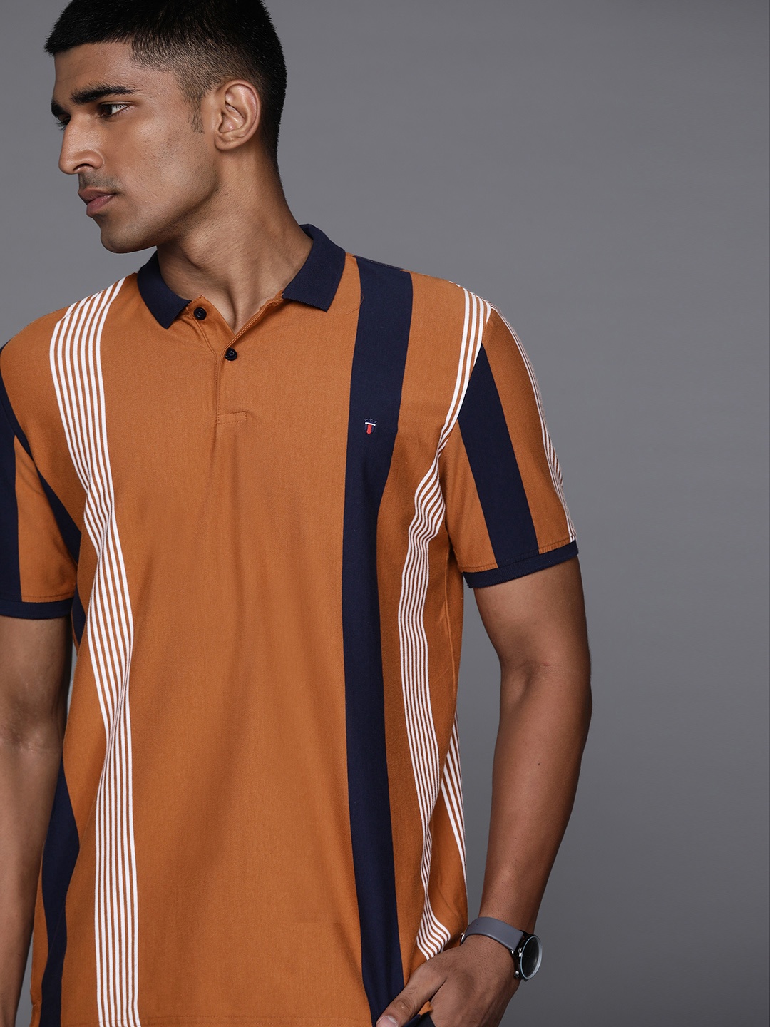 

Louis Philippe Sport Men Rust Orange & Navy Blue Striped Polo Collar T-shirt