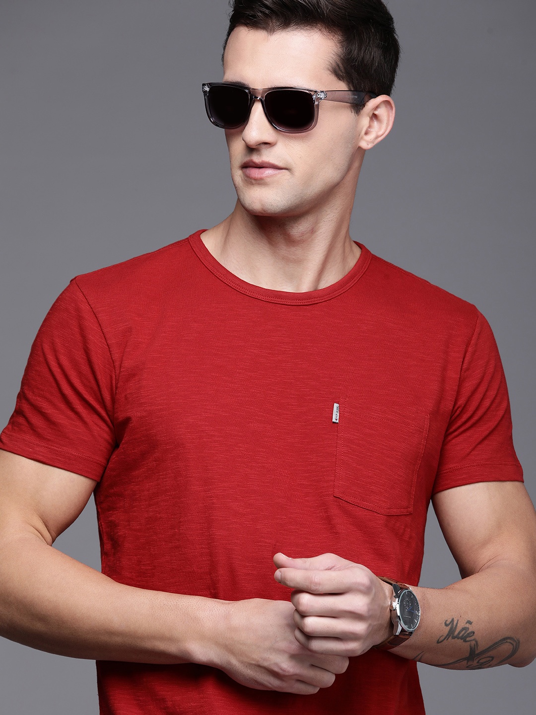 

Louis Philippe Jeans Men Red Solid Slim Fit Pure Cotton Casual T-shirt