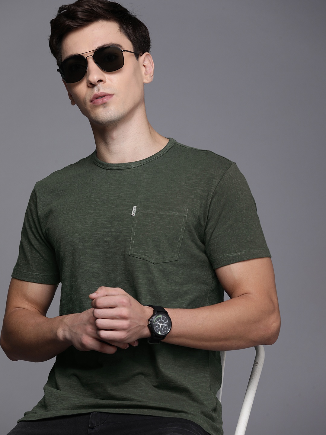 

Louis Philippe Jeans Men Olive Green Slim Fit Pure Cotton T-shirt