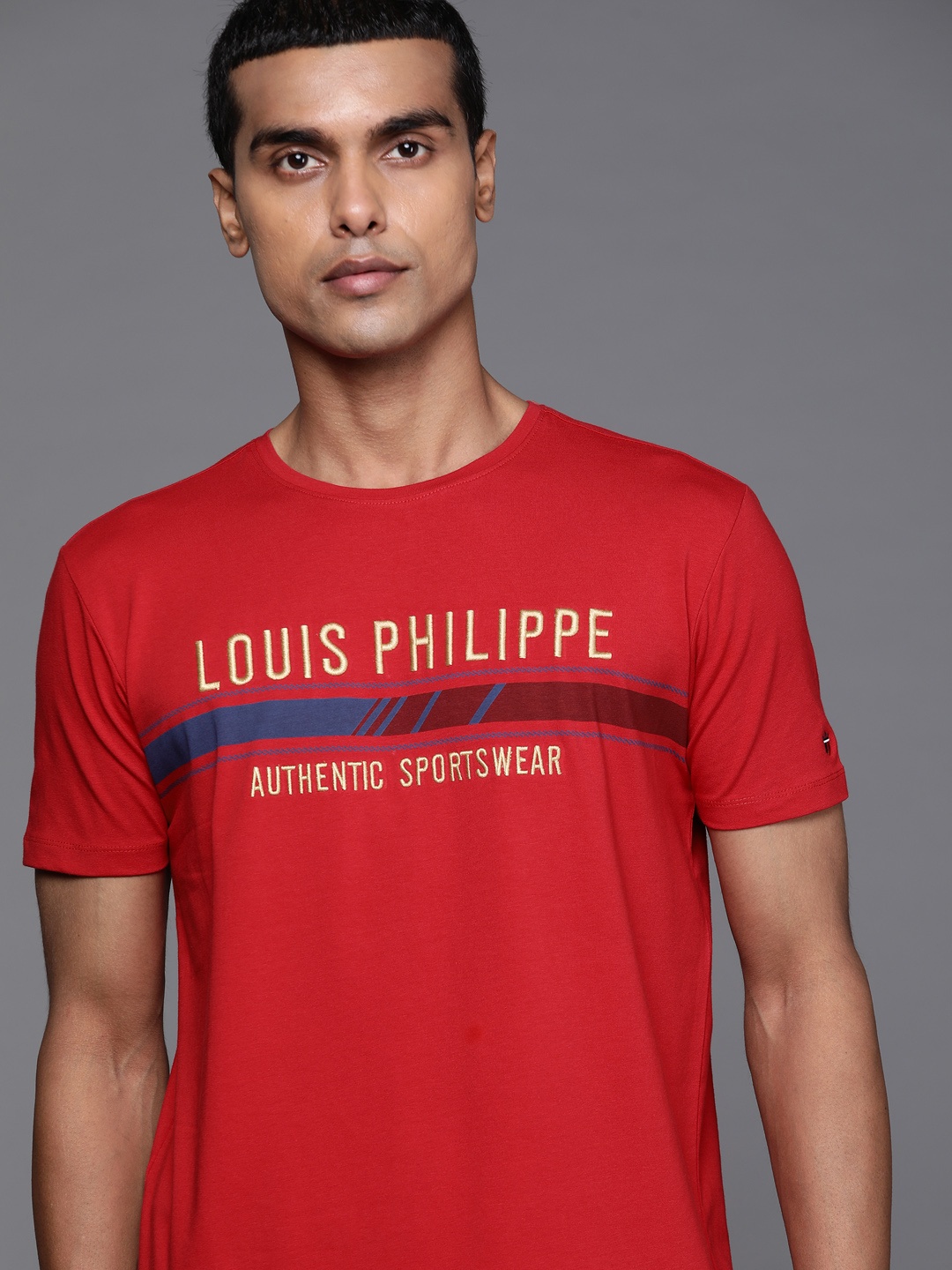 

Louis Philippe Sport Men Red & Golden Brand Logo Printed T-shirt