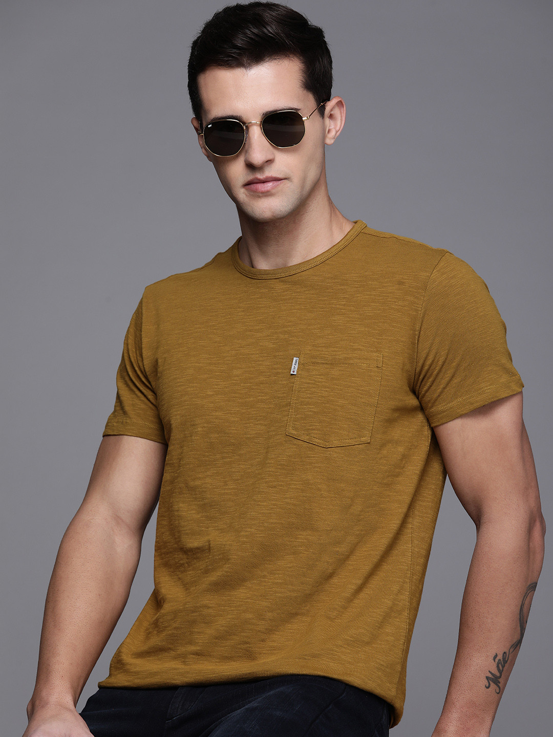 

Louis Philippe Jeans Men Khaki Melange T-shirt with Chest Pocket
