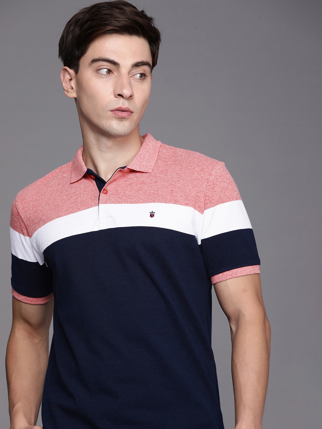 

Louis Philippe Sport Men Navy Blue & Pink Colourblocked Polo Collar Pure Cotton T-shirt