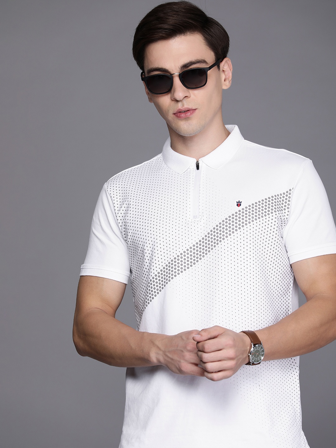

Louis Philippe Jeans Men White & Olive Green Printed Polo Collar Slim Fit T-shirt