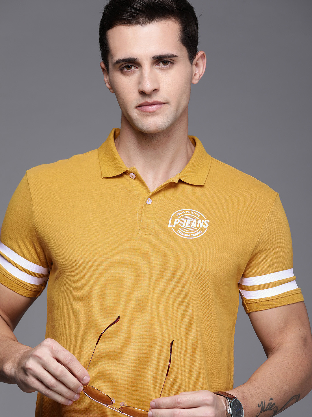 

Louis Philippe Jeans Men Mustard Yellow Printed Polo Collar Slim Fit Pure Cotton T-shirt