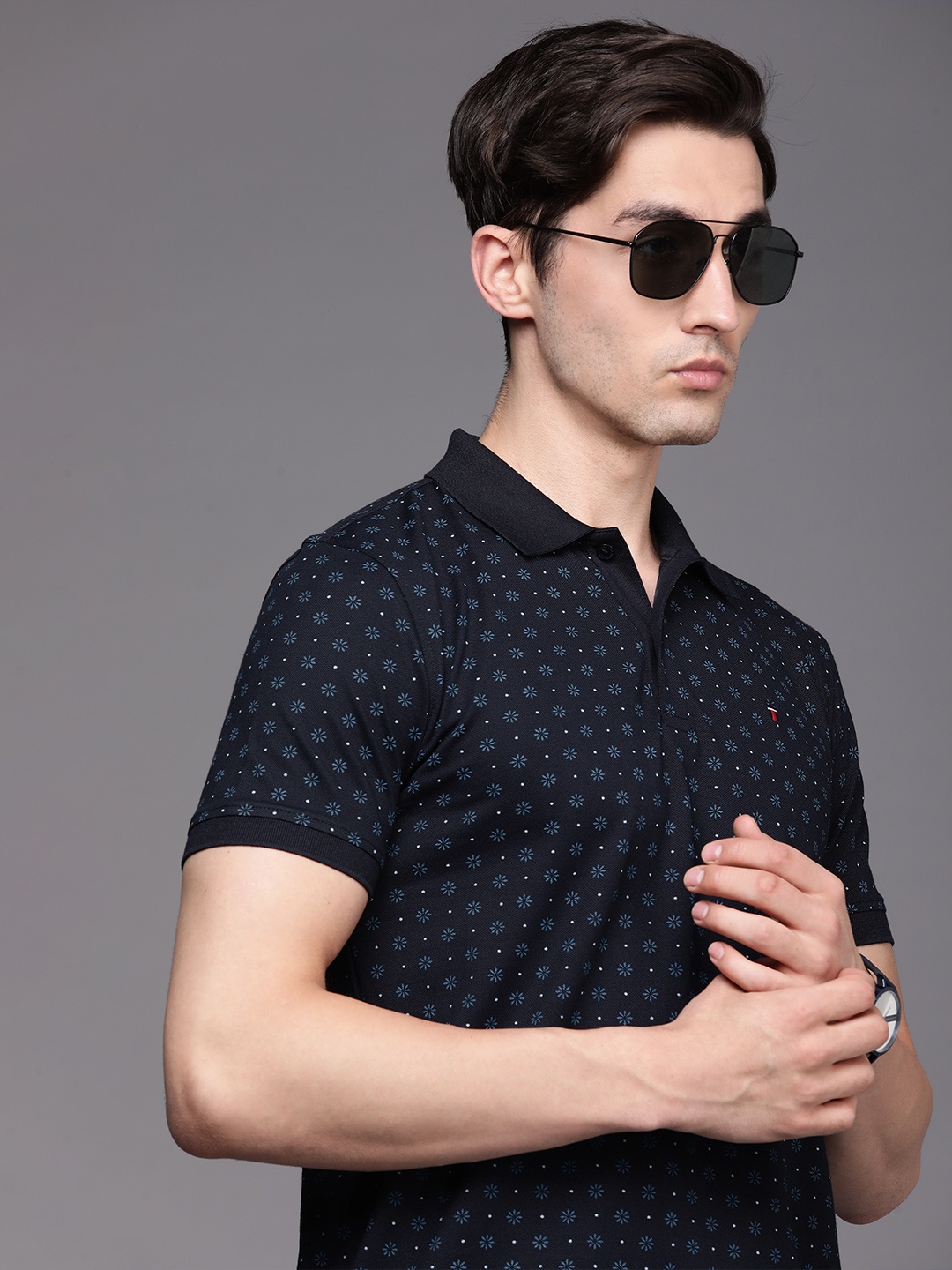 

Louis Philippe Sport Men Navy Blue Floral Printed Polo Collar Slim Fit T-shirt