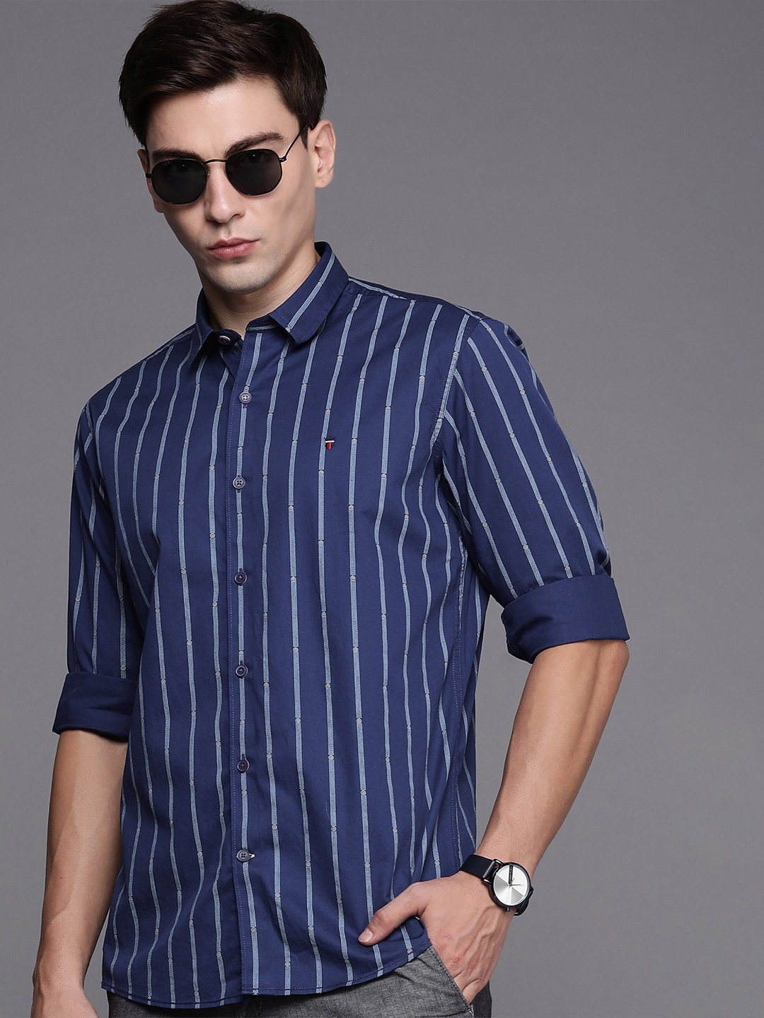 

Louis Philippe Sport Men Navy Blue Slim Fit Striped Pure Cotton Casual Shirt