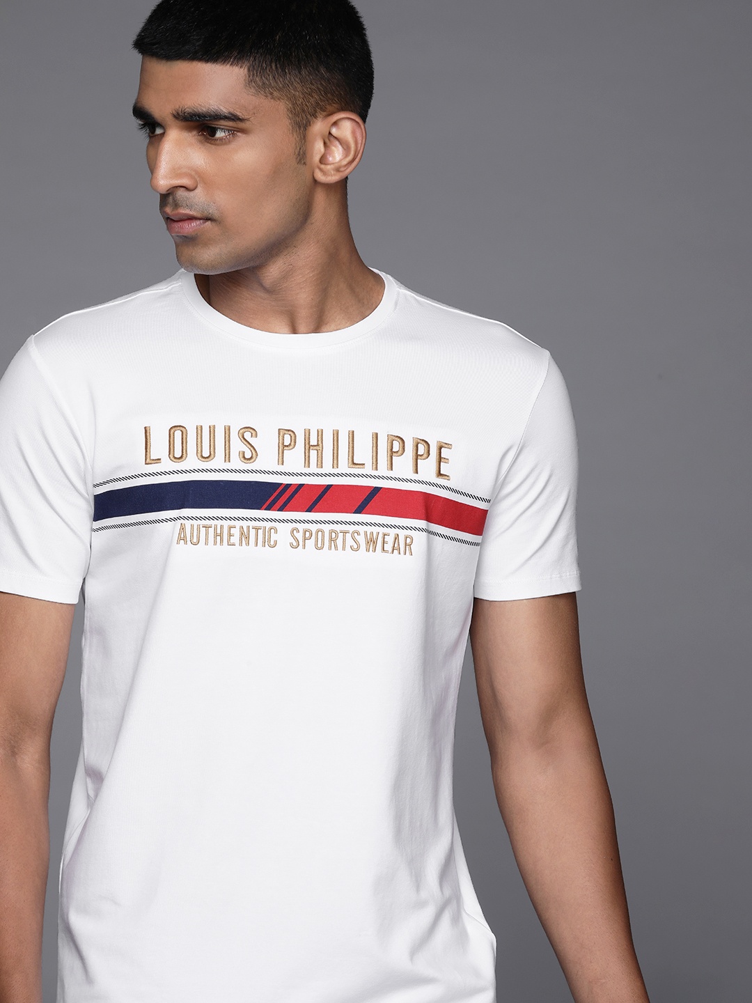 

Louis Philippe Sport Men White & Golden Brand Logo Embroidered T-shirt