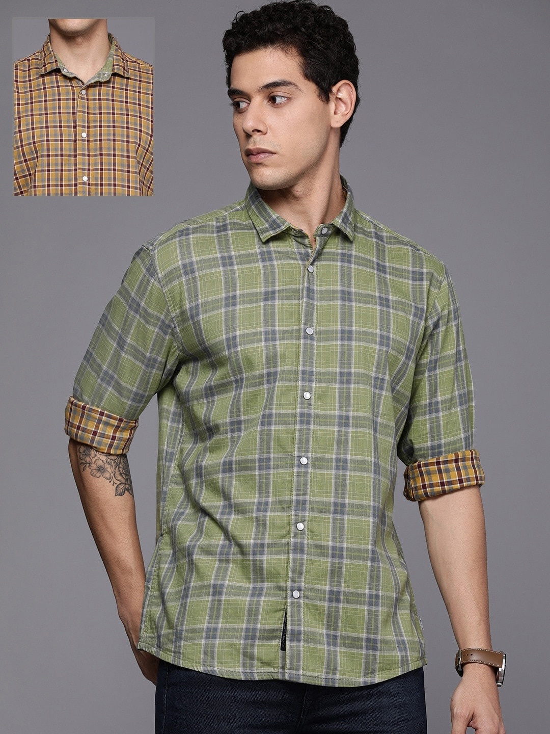 

Louis Philippe Jeans Men Green & Mustard Yellow Reversible Pure Cotton Casual Shirt
