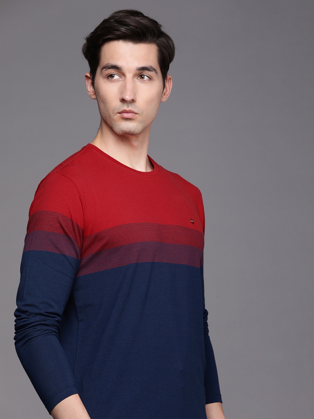 

Louis Philippe Sport Men Red & Navy Blue Colourblocked Slim Fit Casual T-shirt