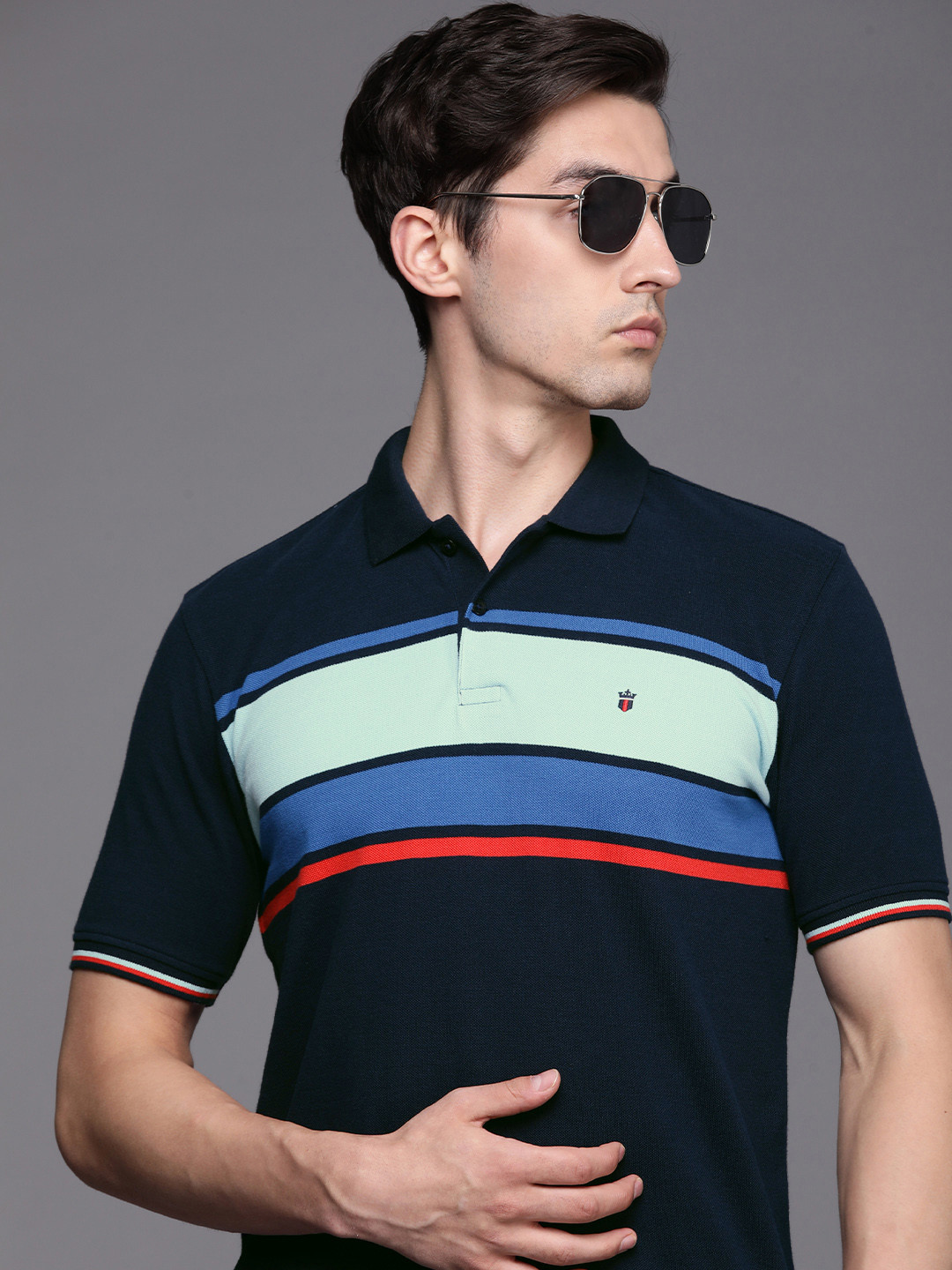 

Louis Philippe Sport Men Navy Blue Striped Polo Collar Pure Cotton Slim Fit T-shirt