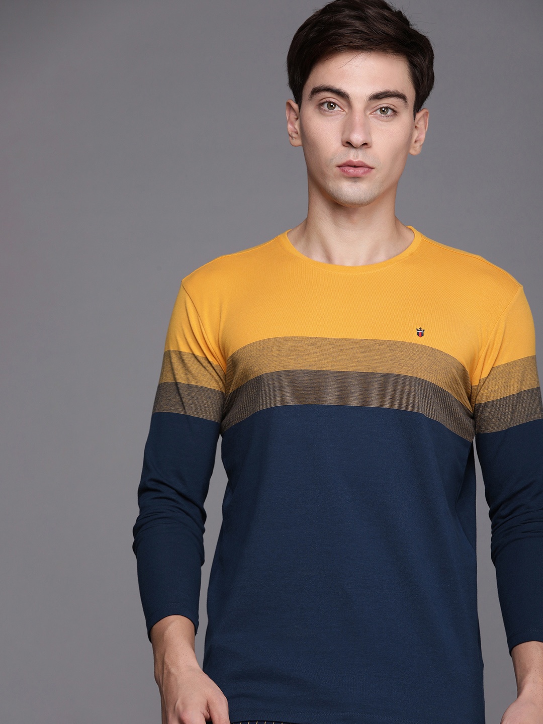 

Louis Philippe Sport Men Navy Blue & Mustard Yellow Colourblocked T-shirt