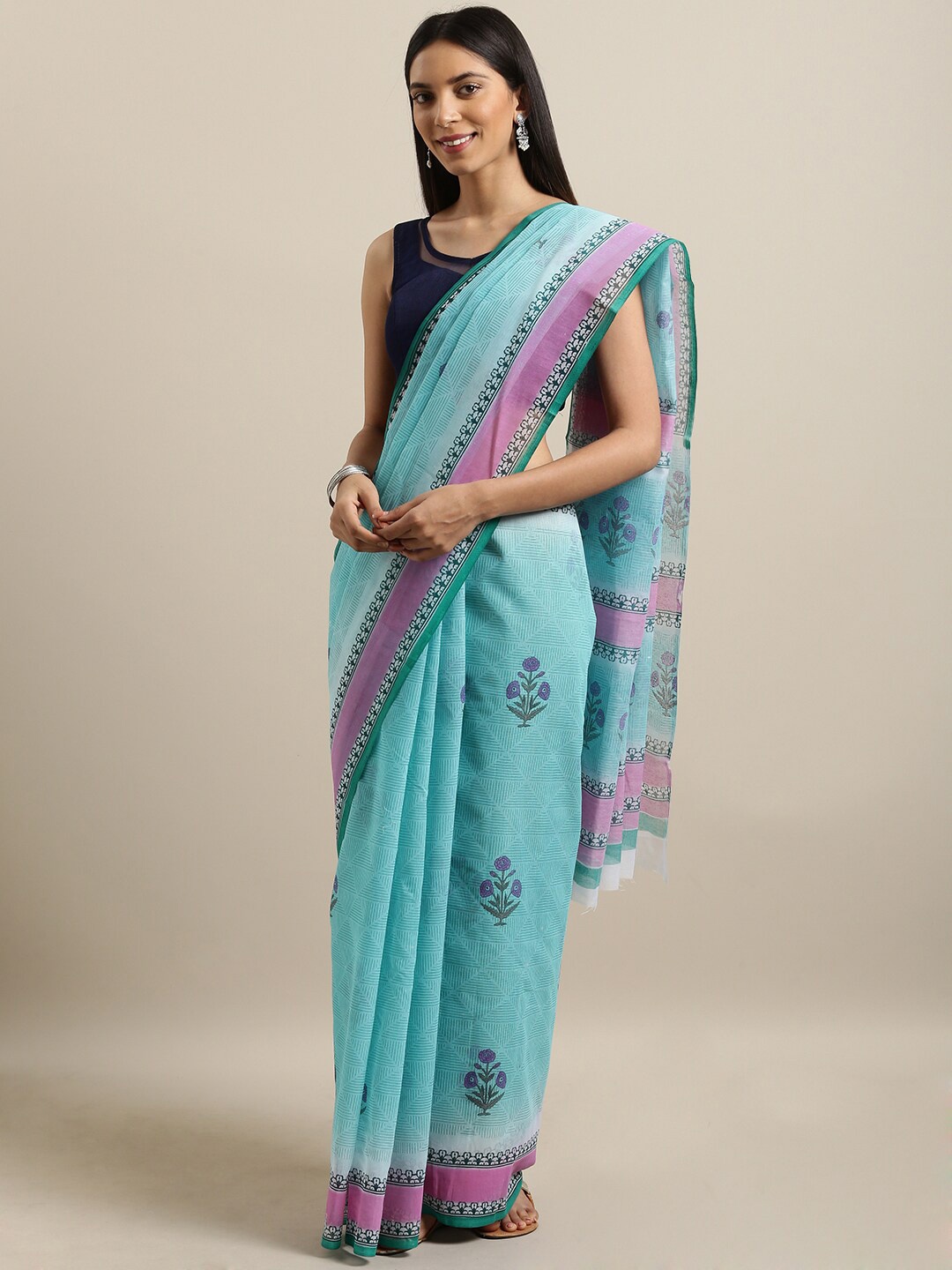 

Saree Swarg Blue & Pink Floral Chanderi Sarees