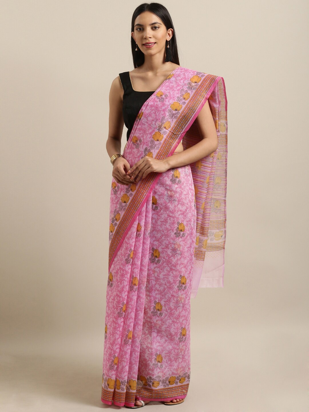 

Saree Swarg Pink & Yellow Paisley Chanderi Sarees