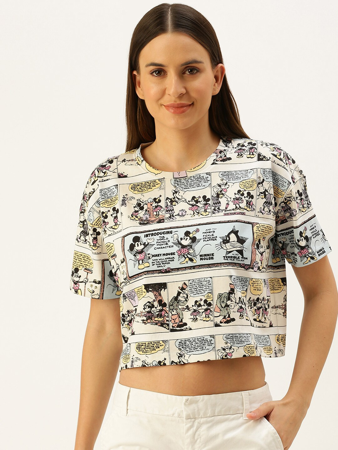 

JUNEBERRY Cream-Coloured Print Placement Print Crop Top