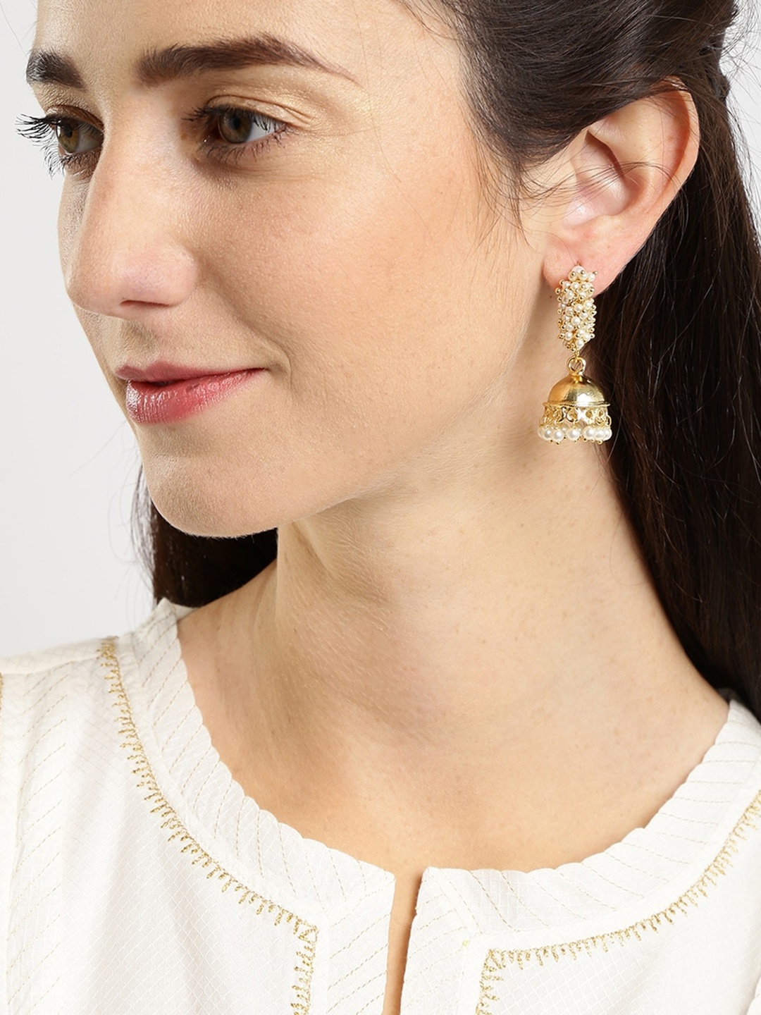 

Rubans Muted Gold-Toned & White Beaded Jhumkas