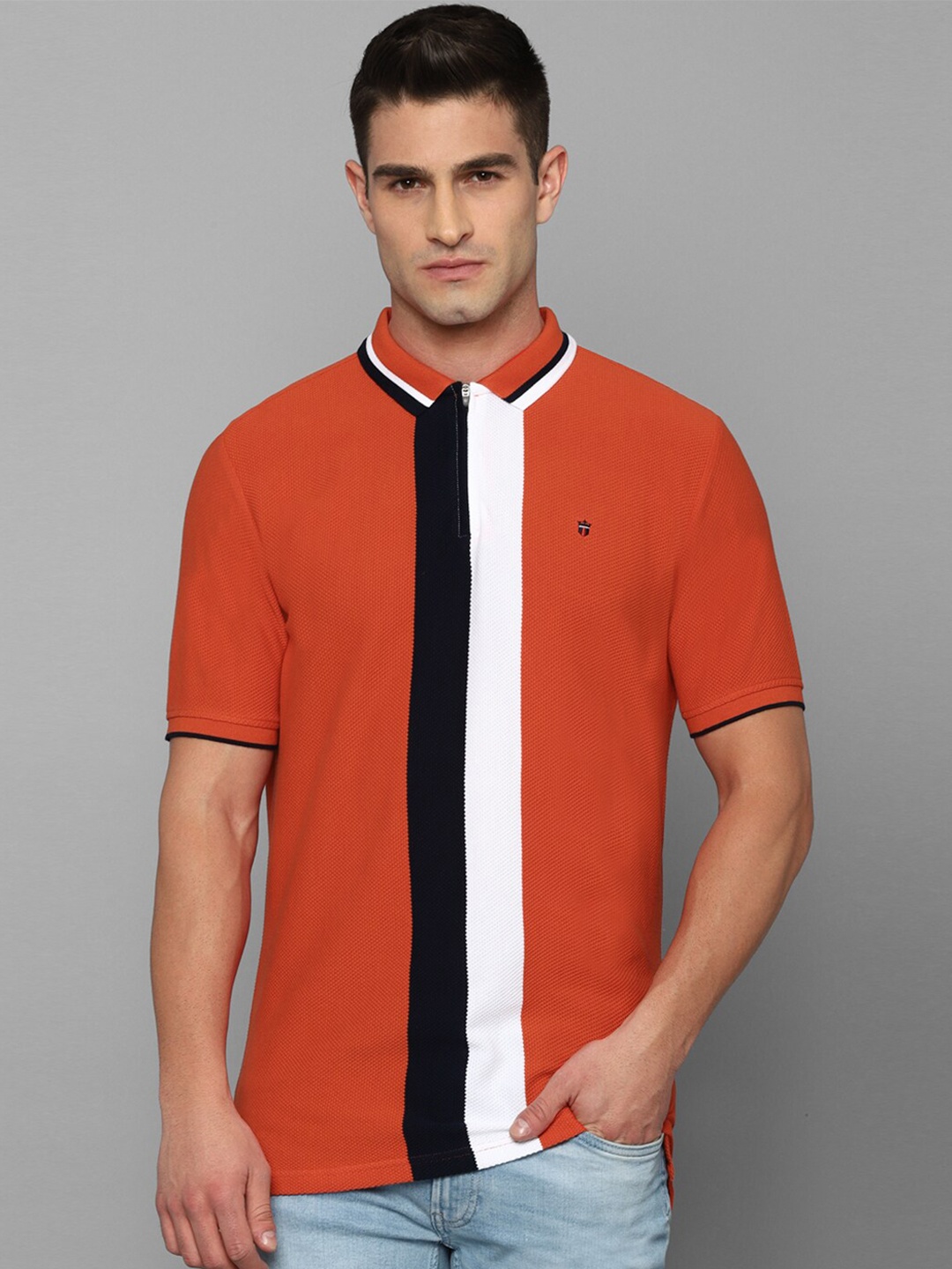 

Louis Philippe Sport Men Orange Striped Mandarin Collar Applique Slim Fit T-shirt