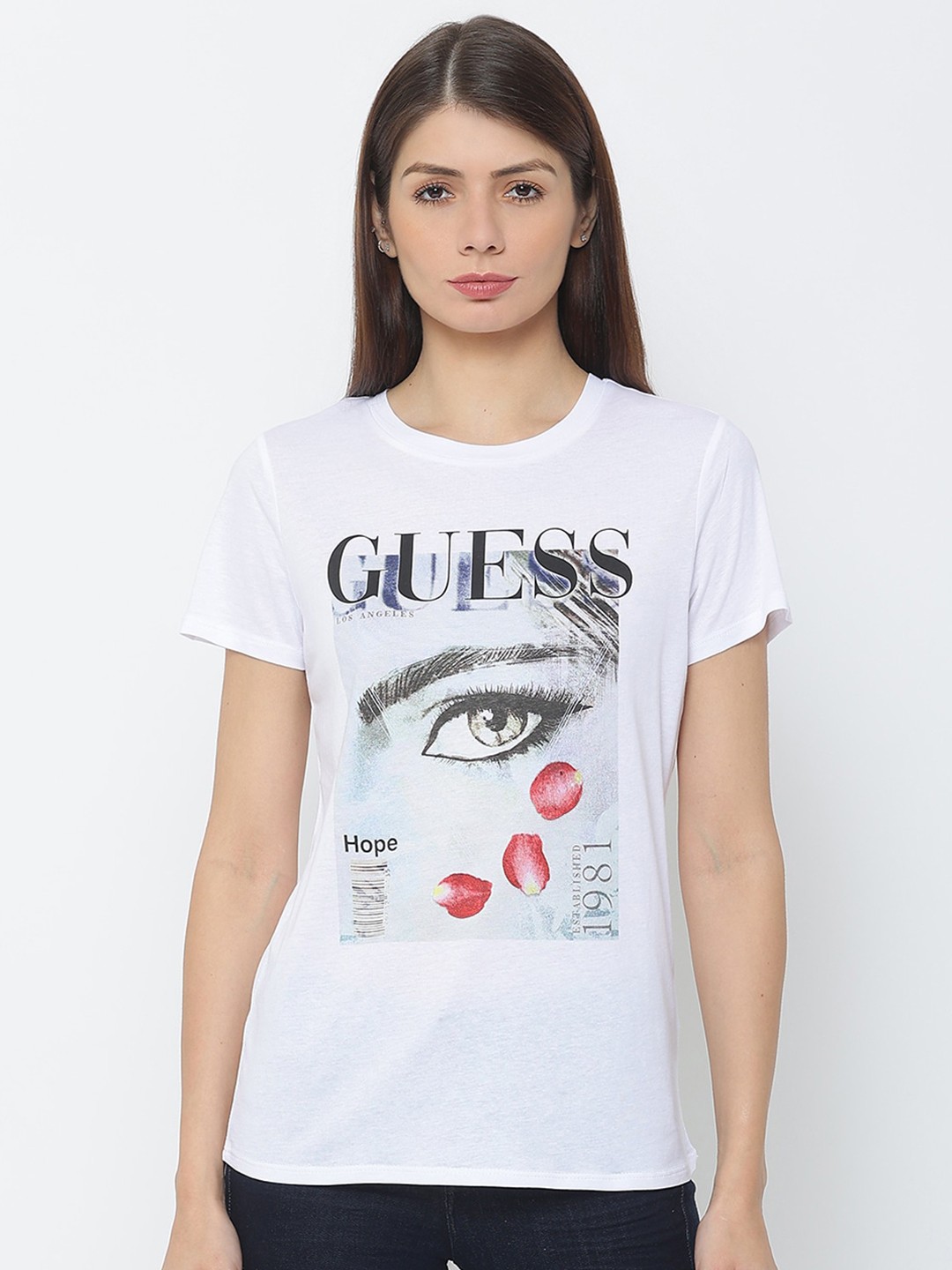 

GUESS Women White Typography Printed Applique Outdoor T-shirt