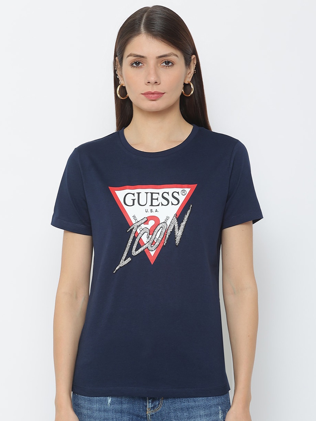 

GUESS Women Blue Typography Printed Outdoor T-shirt