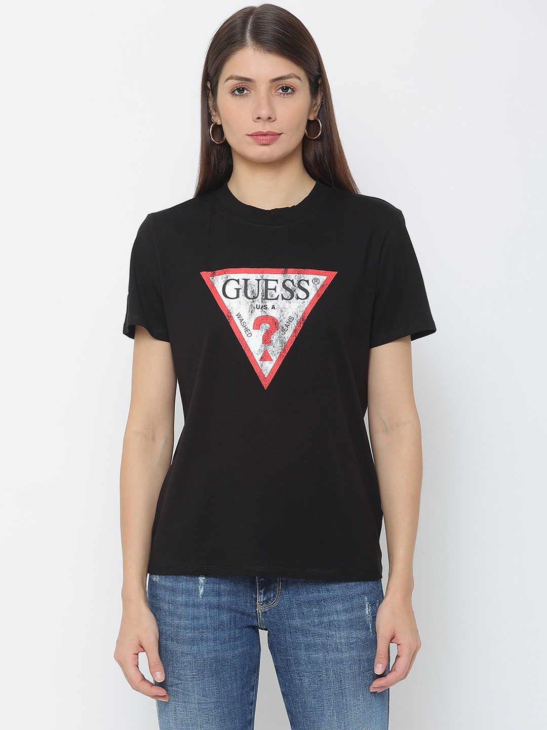 

GUESS Women Black Typography Printed Applique Outdoor T-shirt