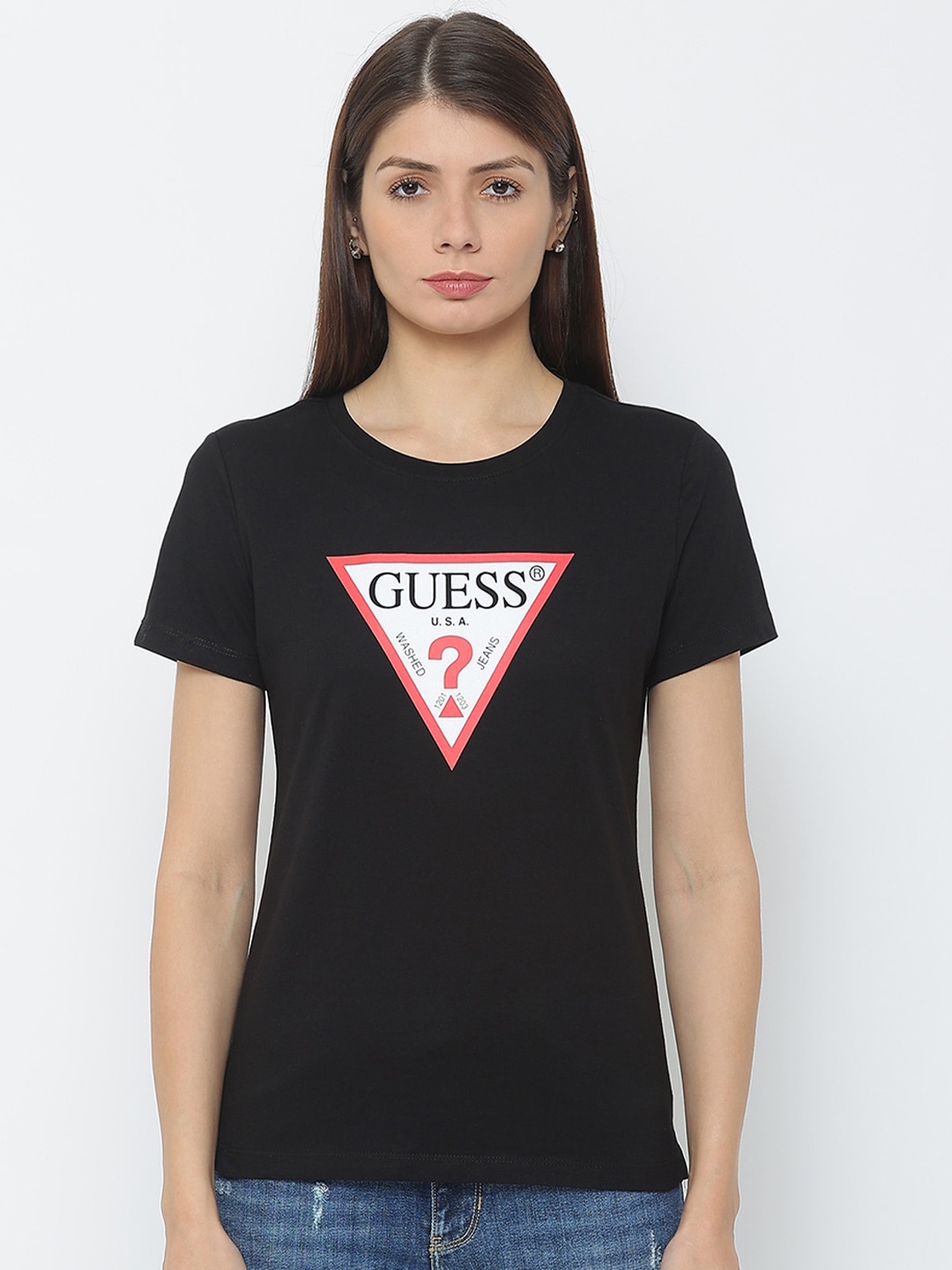 

GUESS Women Black Typography Printed Applique Outdoor T-shirt