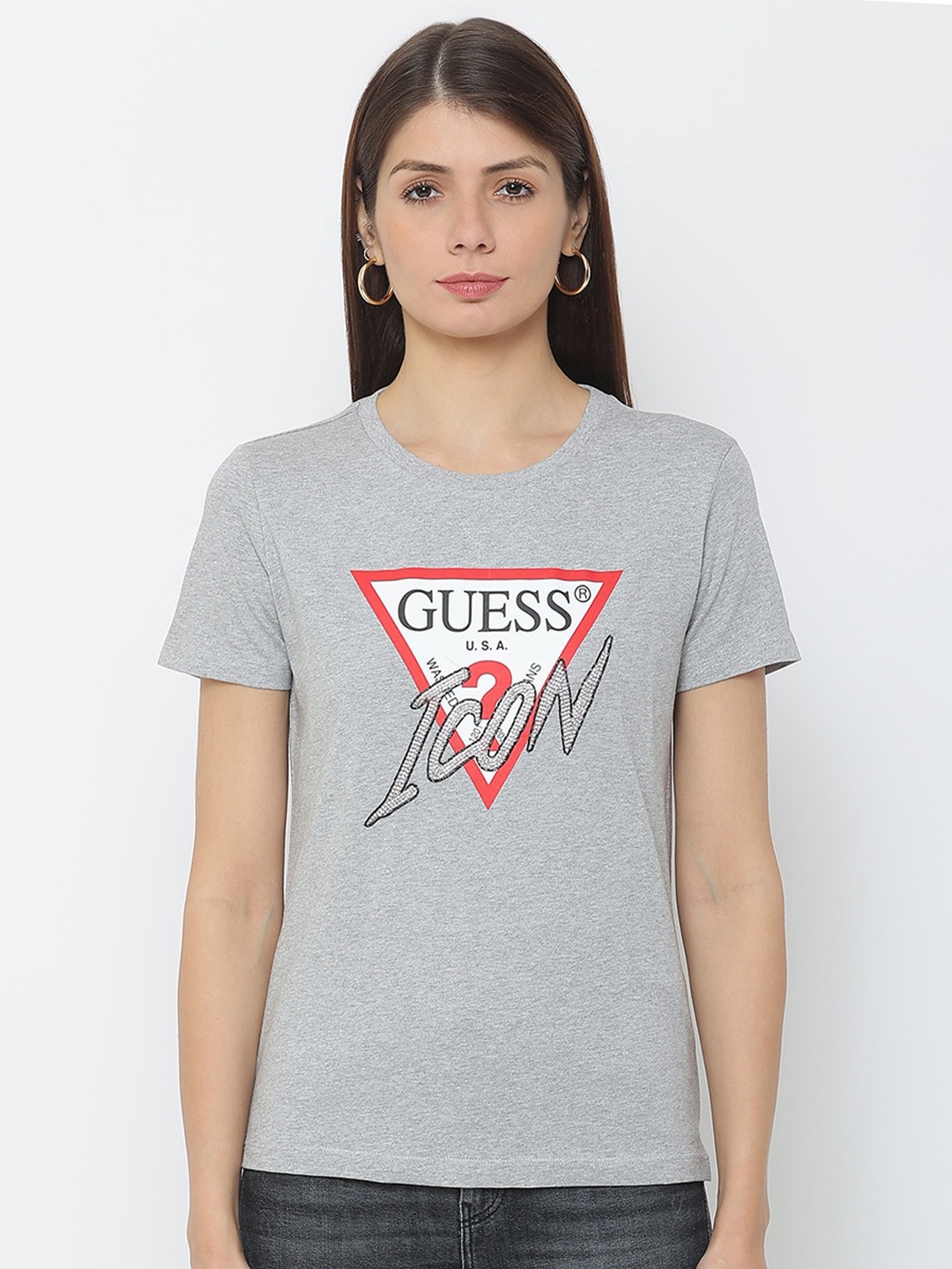 

GUESS Women Grey Typography Printed Outdoor T-shirt