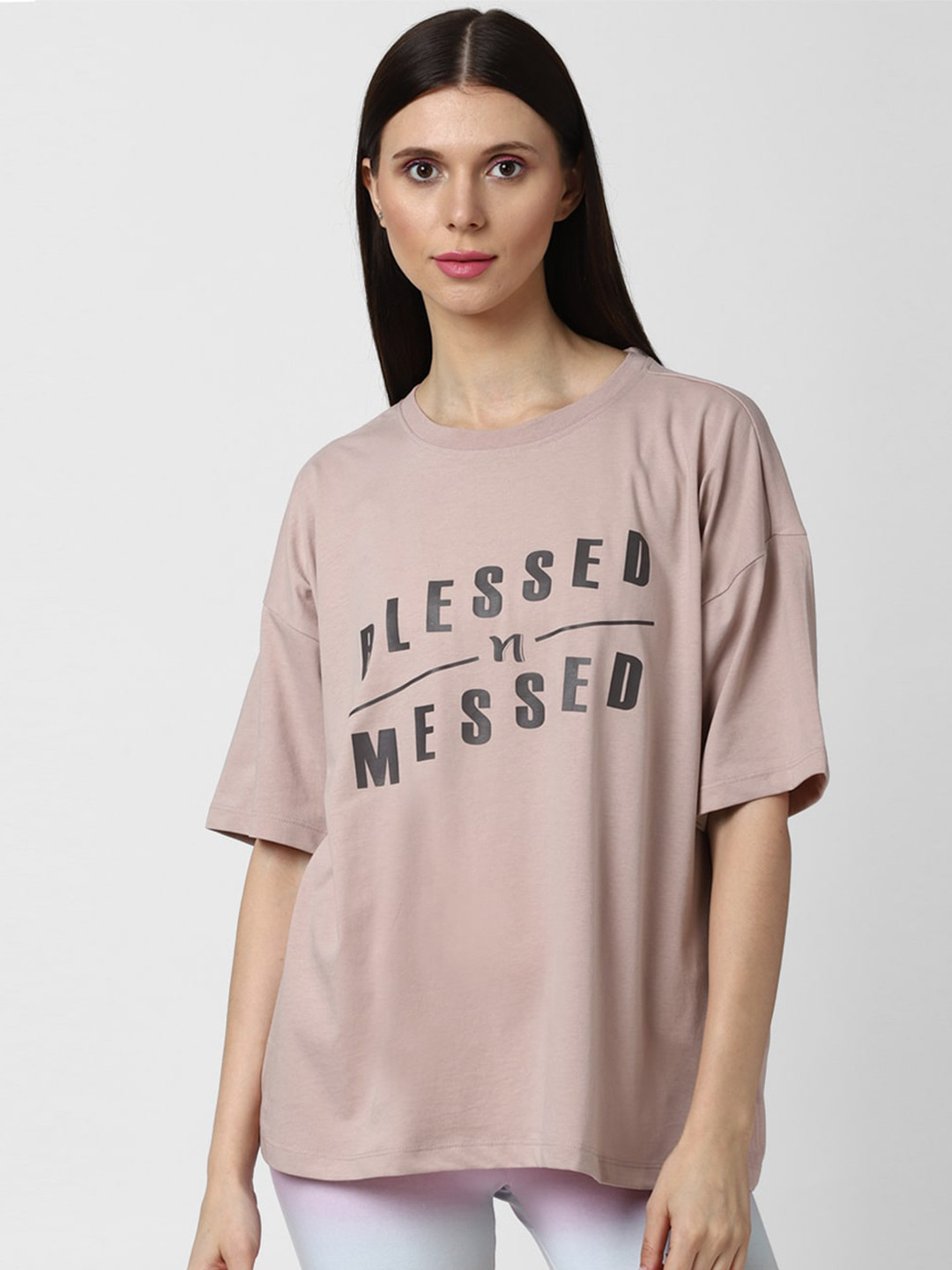 

FOREVER 21 Women Brown Typography Printed Extended Sleeves T-shirt