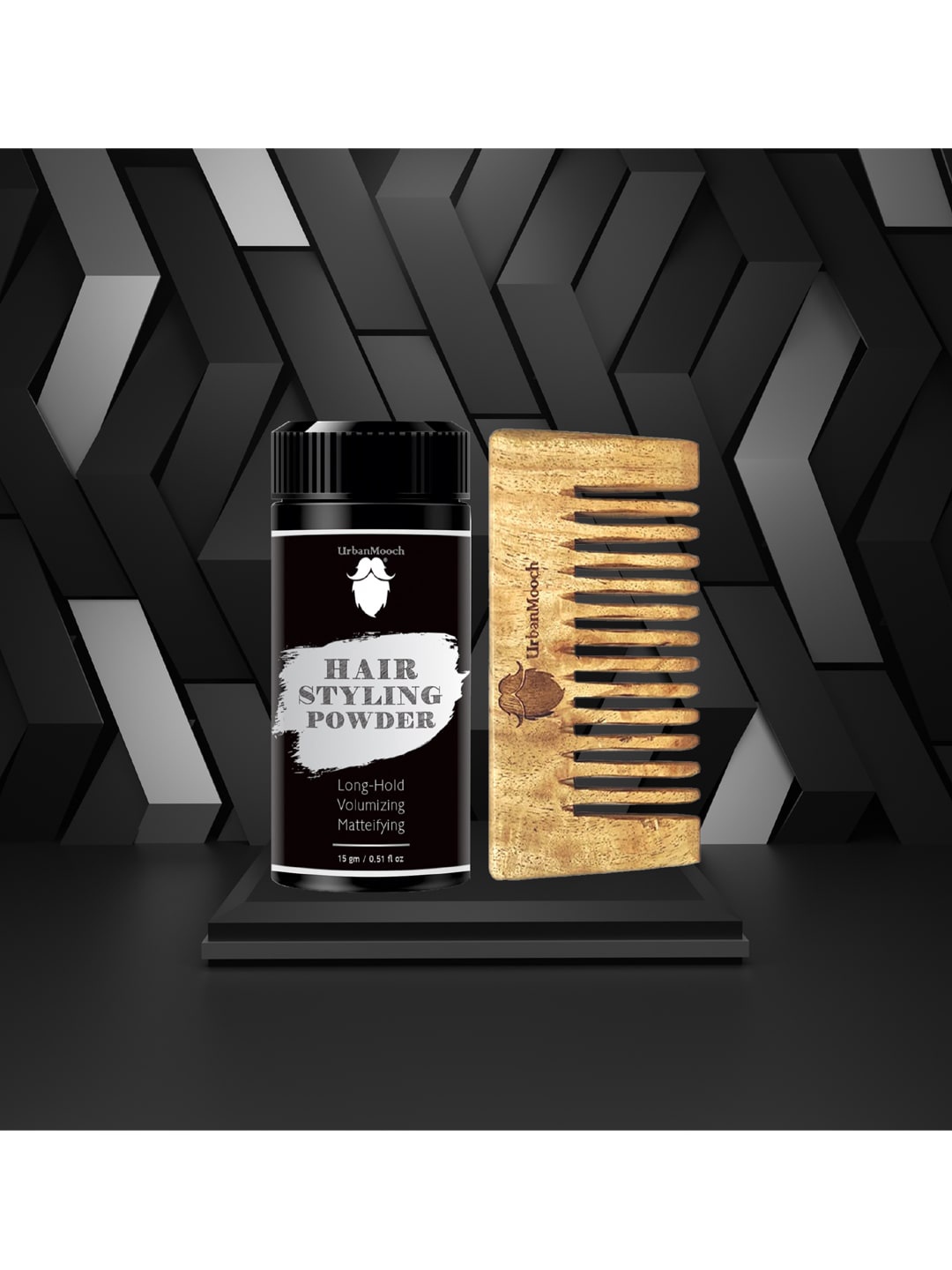 

UrbanMooch Men Long-Hold Hair Styling Powder 15 g With Wooden Comb, Black
