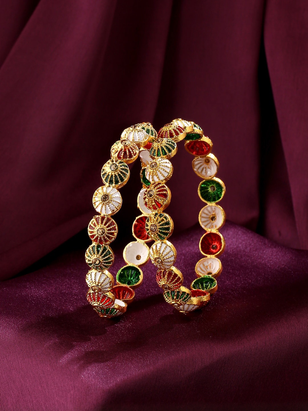 

VIRAASI Women Set Of 2 Gold-Plated Red & Green Enameled Handcrafted Bangle