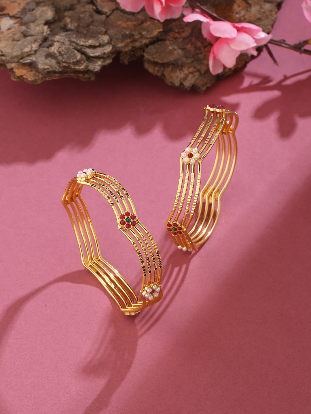 

VIRAASI Set Of 2 Gold-Plated Red & White Stone-Studded Bangles
