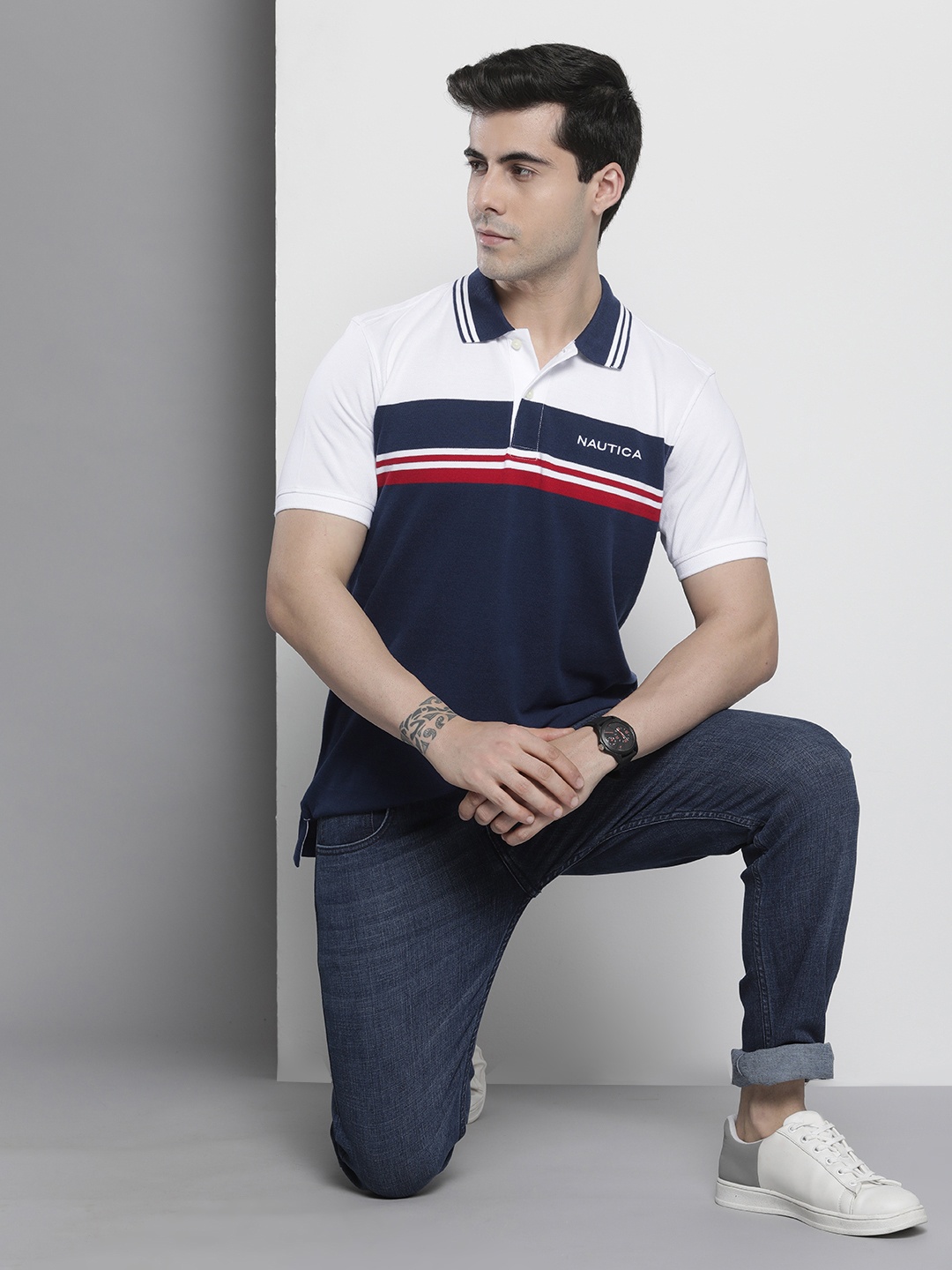 

Nautica Men Navy Blue & White Colourblocked Polo Collar T-shirt