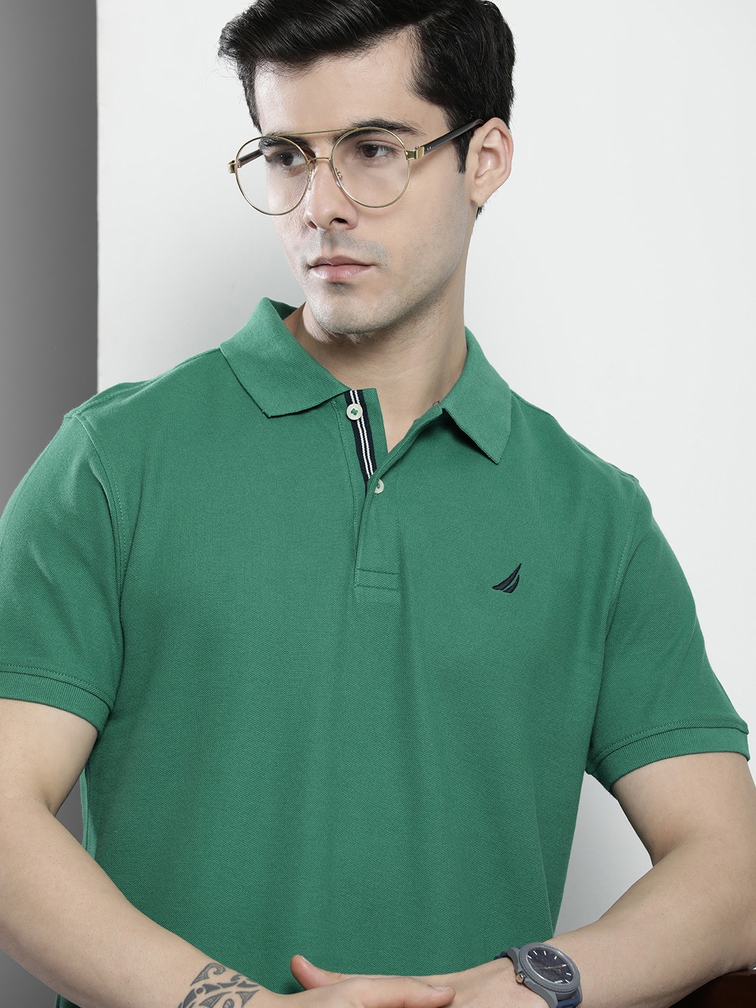 

Nautica Men Green Polo Collar Pure Cotton Slim Fit T-shirt