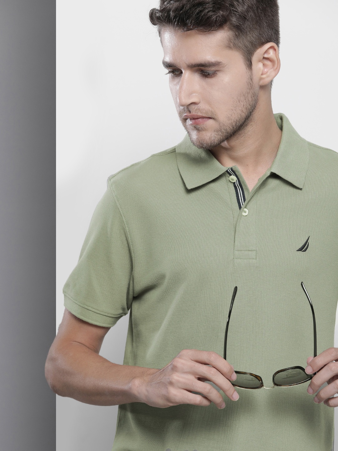 

Nautica Men Light Green Pure Cotton Slim Fit Polo T-shirt