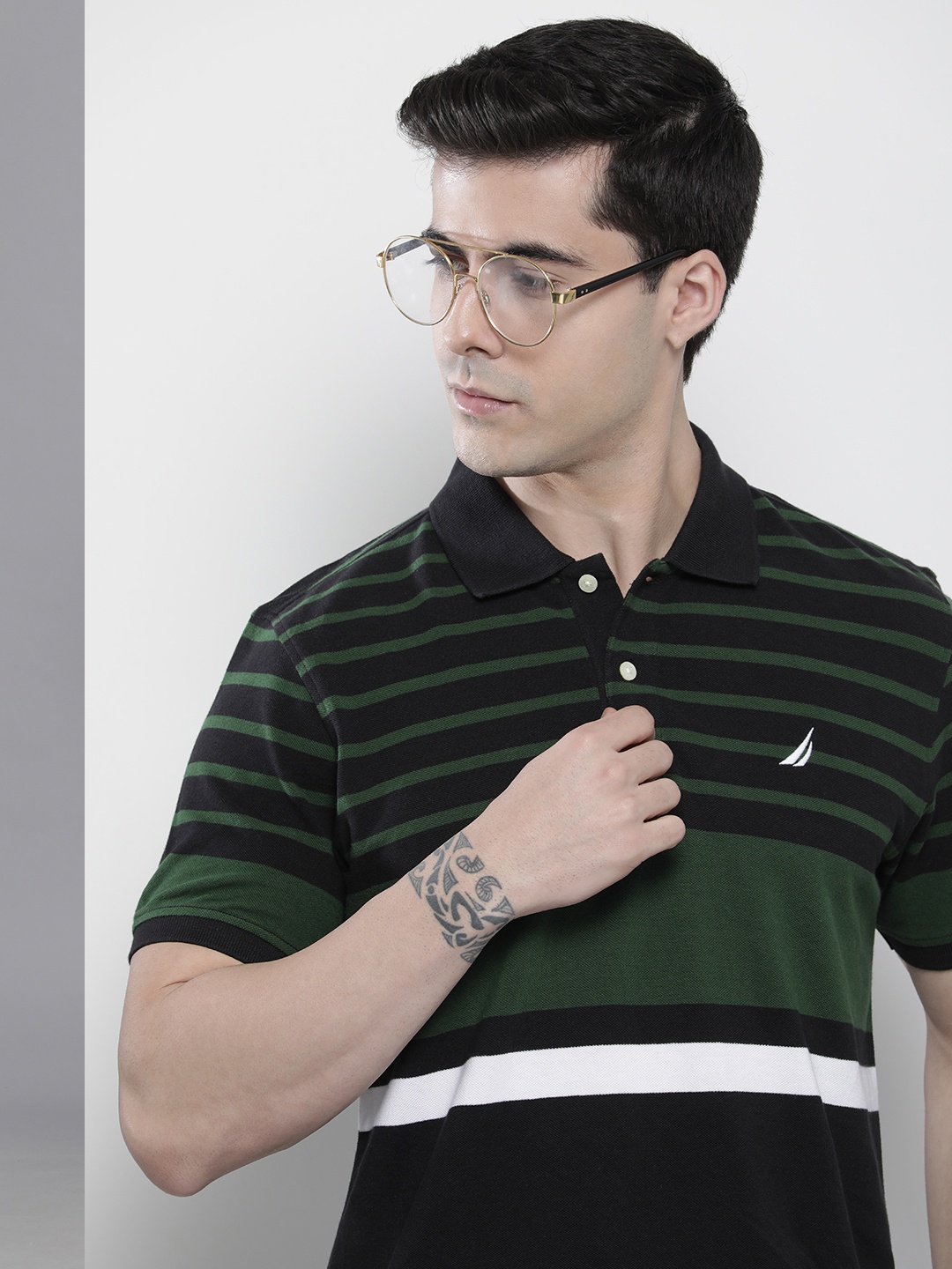 

Nautica Men Black & Green Horizontal Striped Pure Cotton Polo Collar T-shirt