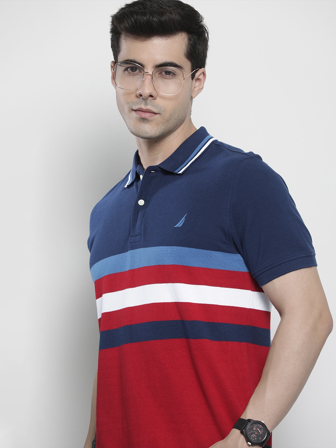 

Nautica Men Red & Navy Blue Colourblocked Polo Collar T-shirt
