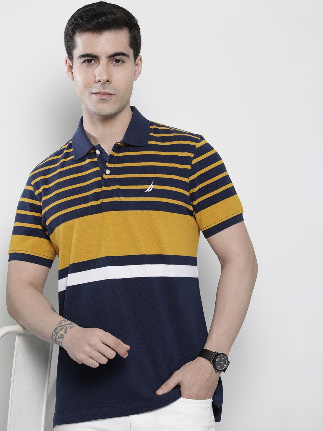 

Nautica Men Navy Blue & Yellow Horizontal Striped Pure Cotton Polo Collar T-shirt