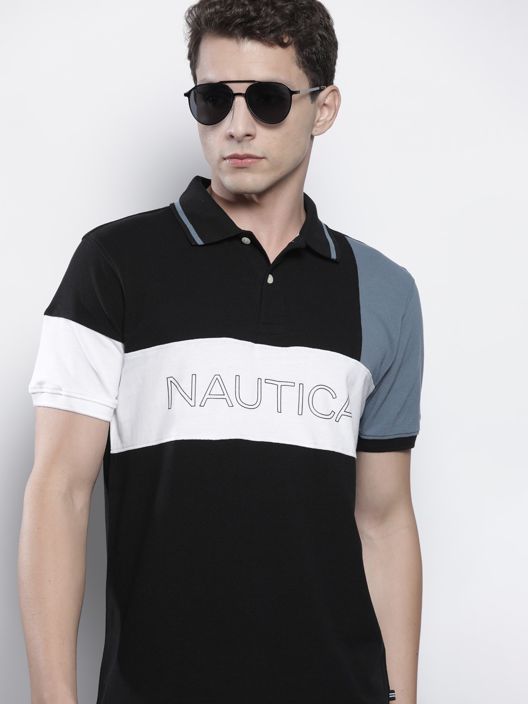 

Nautica Men Black & White Pure Cotton Colourblocked Polo Collar T-shirt