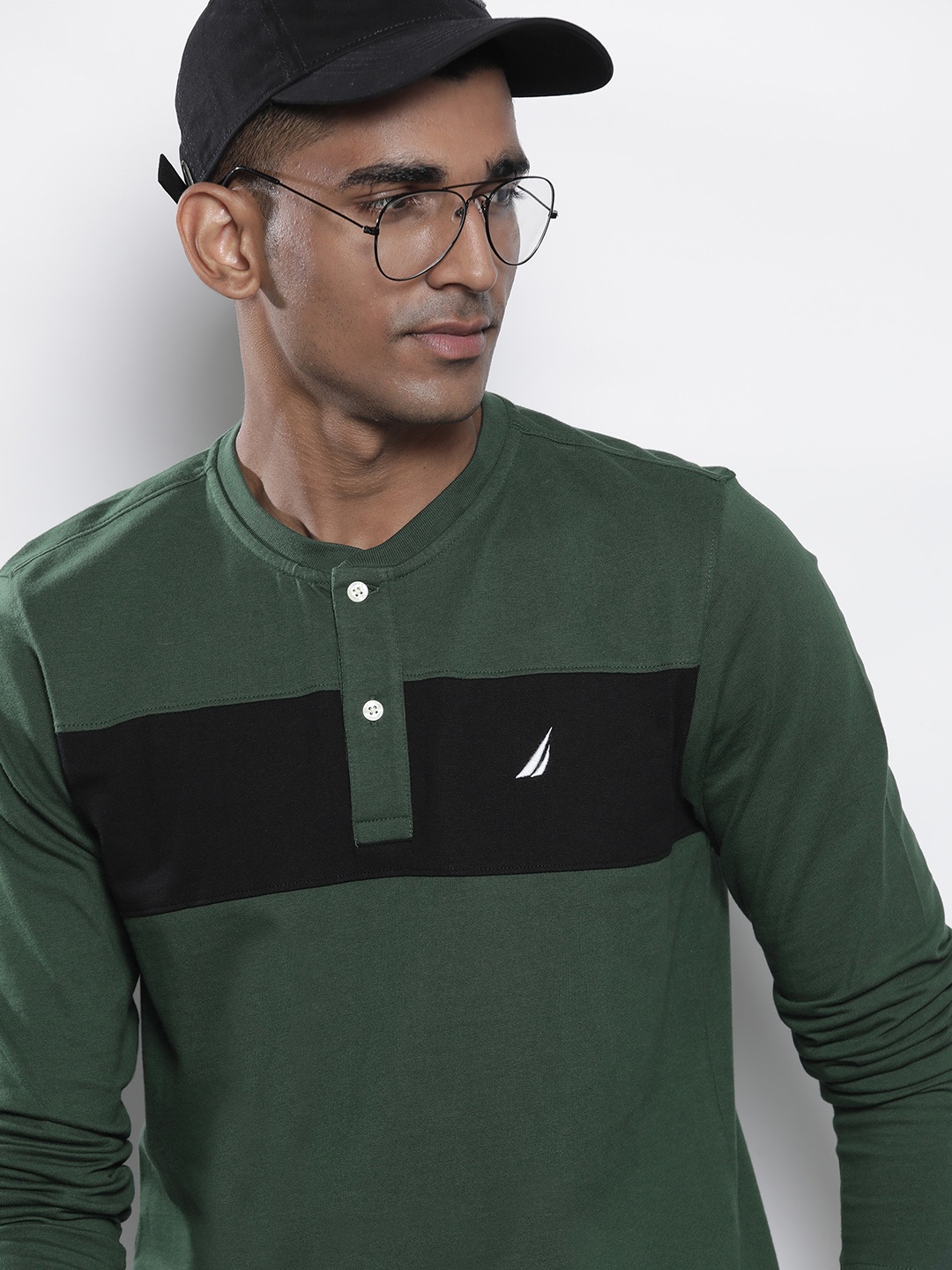 

Nautica Men Green & Black Striped Pure Cotton T-shirt