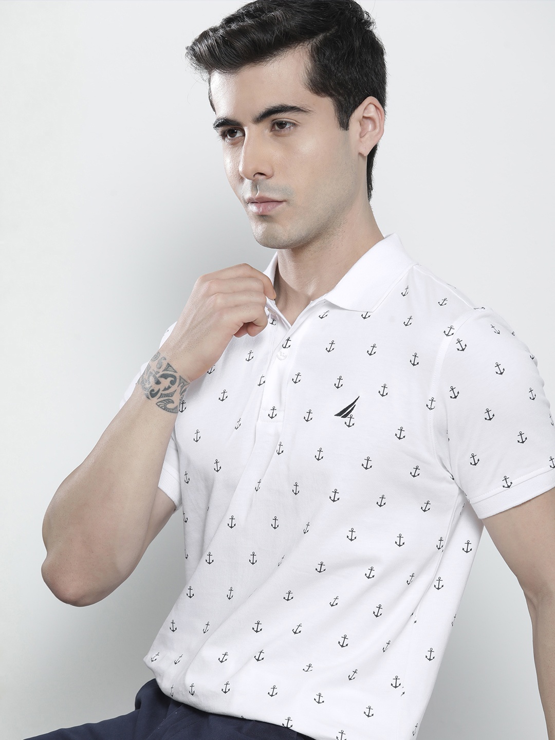 

Nautica Men White Anchor Printed Polo Collar Pure Cotton T-shirt